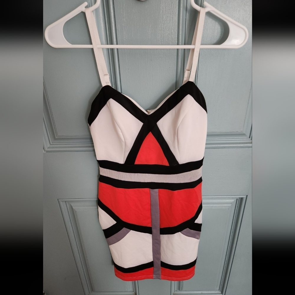 Entry Strapless Dress with Red, Black, and White Geometric Design